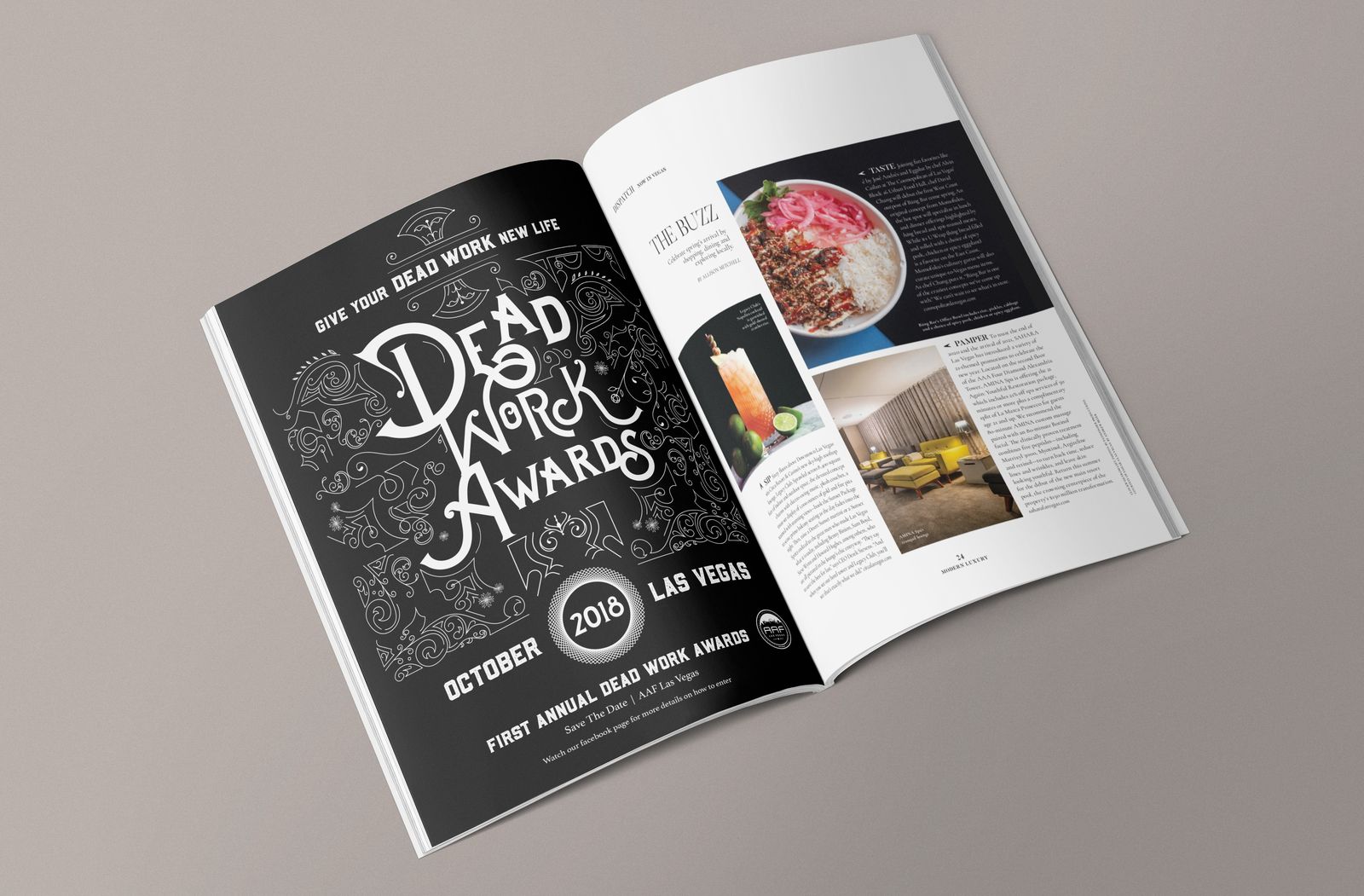 Dead Work Awards ad in a magazine spread, full ornamental lettering